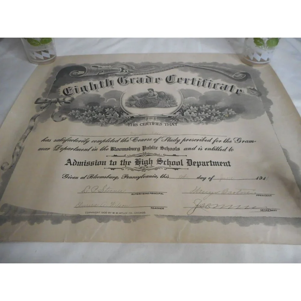 Antique 8th Eighth Grade Certificate Graduation Kase Unframed 1911 Bloomsburg PA